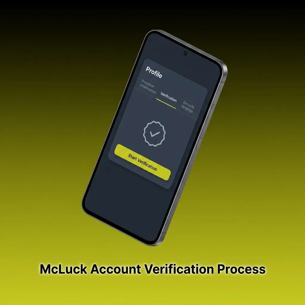 McLuck account verification process showing KYC steps for identity document upload, proof of address, and selfie submission