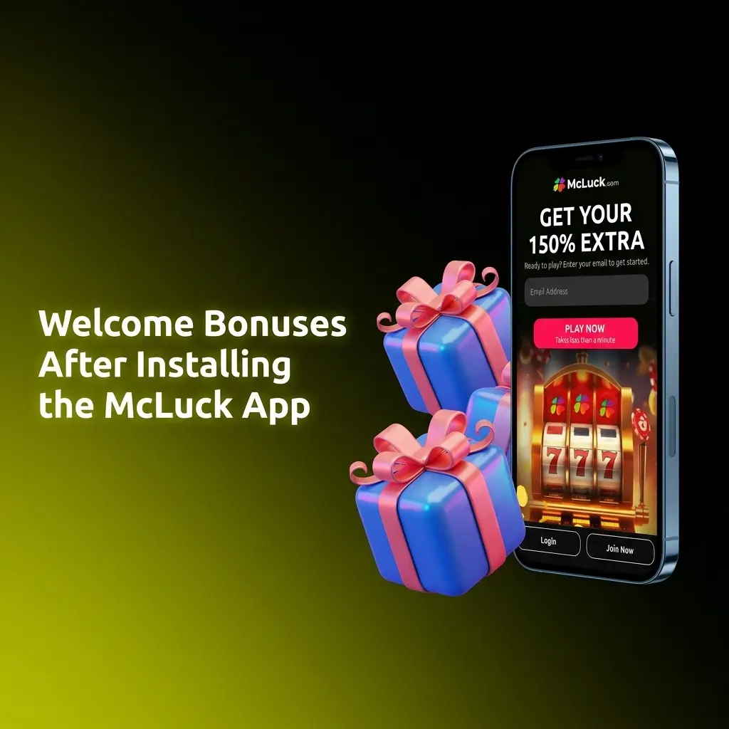 McLuck app welcome bonus showing GC 7500 and FREE SC 2.5 package with daily login and referral bonus offers